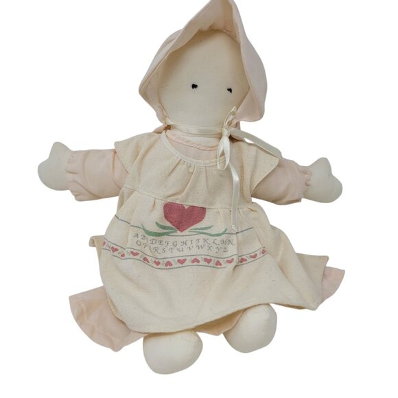 Vintage Handmade Folk Art Cloth Doll 14" Stuffed Plush Amish Heart Apron Pink - Picture 1 of 6